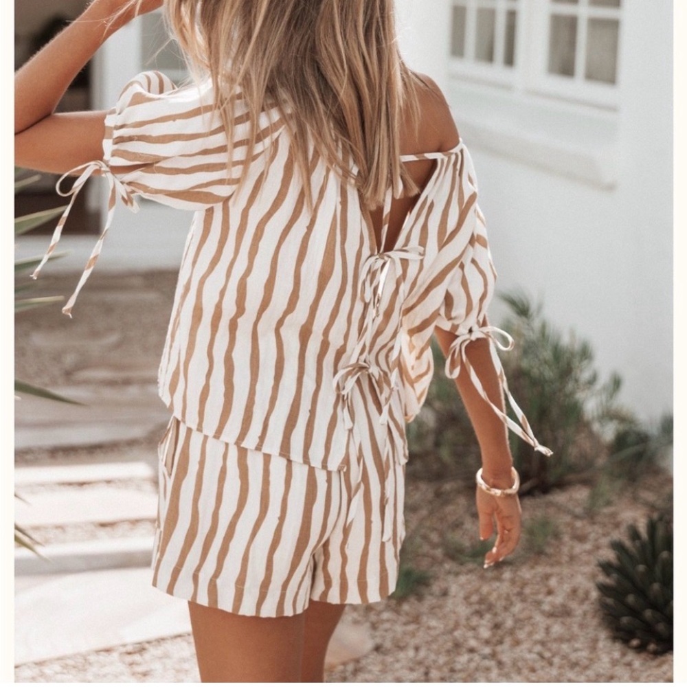 Petal & Pup White and Tan Striped Women’s Shorts and Top Set with Tie Back Close